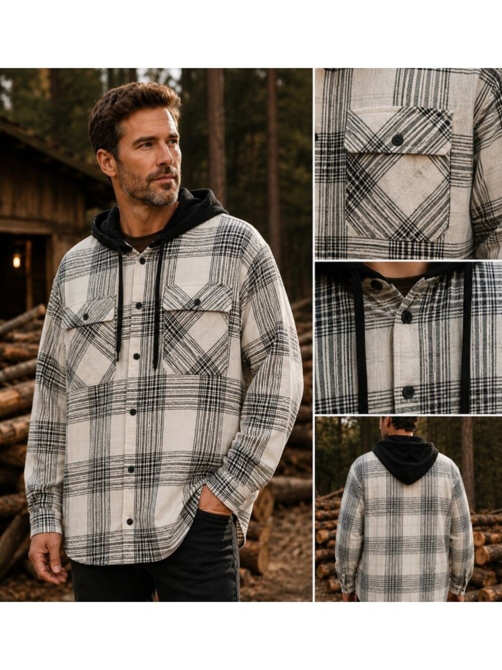 No Boundaries Oversized Men's Large Black Cream Plaid Hooded Flannel Shacket NWT